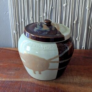 Vintage Brown & White Pottery Canister with Greek Key Pattern